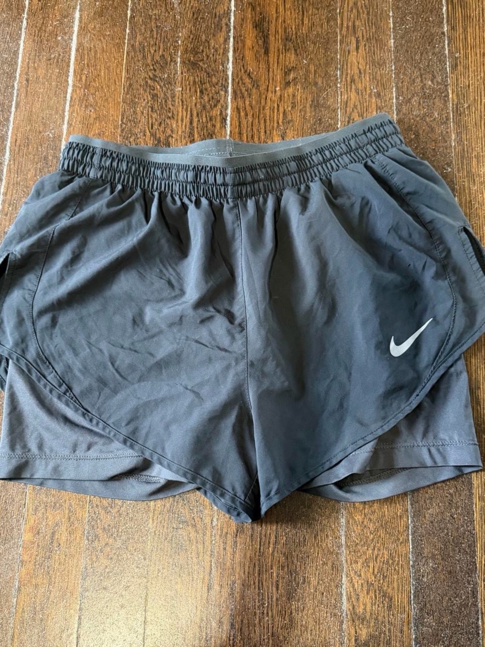 Nike Black Women's Athletic Shorts with White Swoosh and Inner Tights